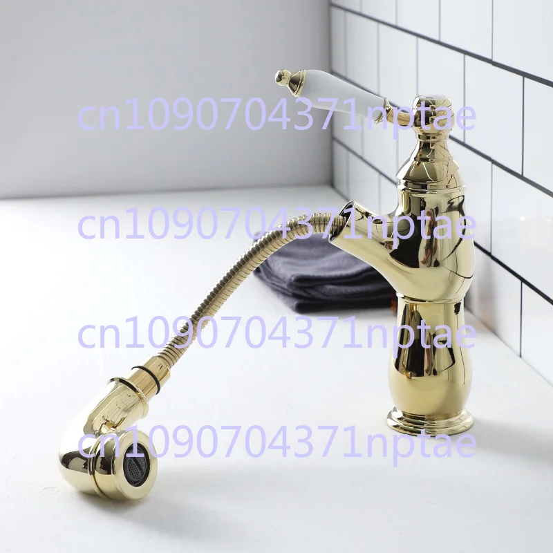 French retro washbasin gold pull faucet single hole hot and cold, ceramic handle