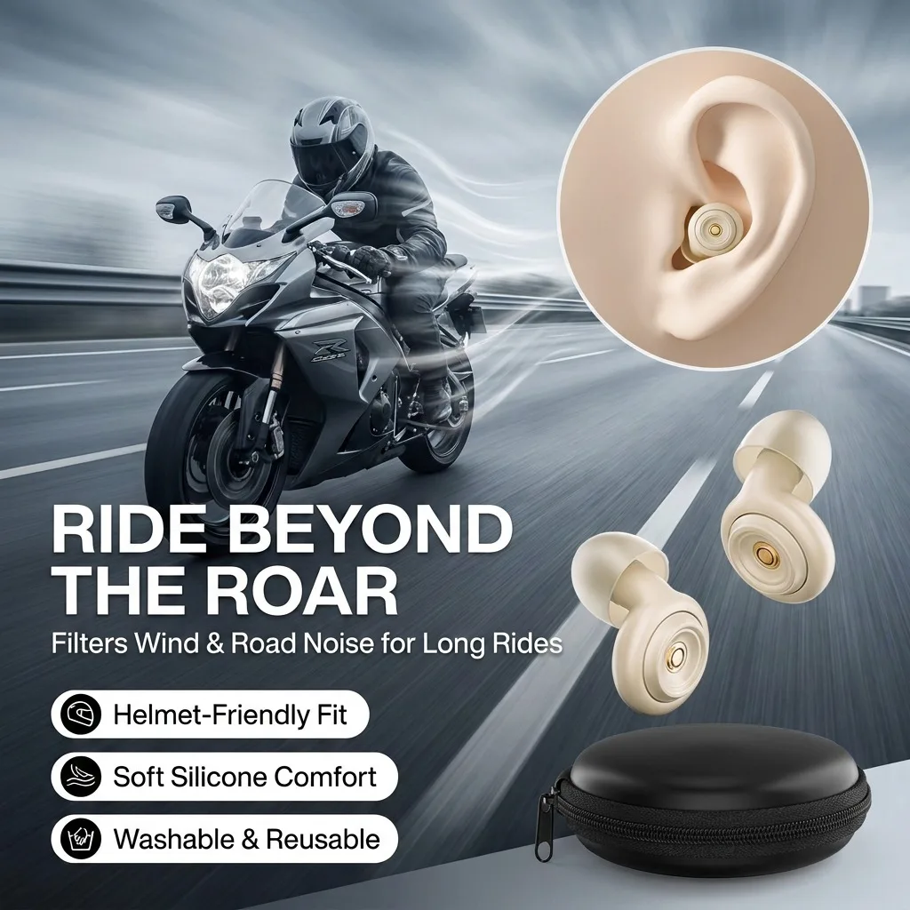 Motorcycle Silicone Noise-Reducing Earplugs, Comfortable Reusable Windproof Noise-Blocking with Storage Case, Riding Accessories