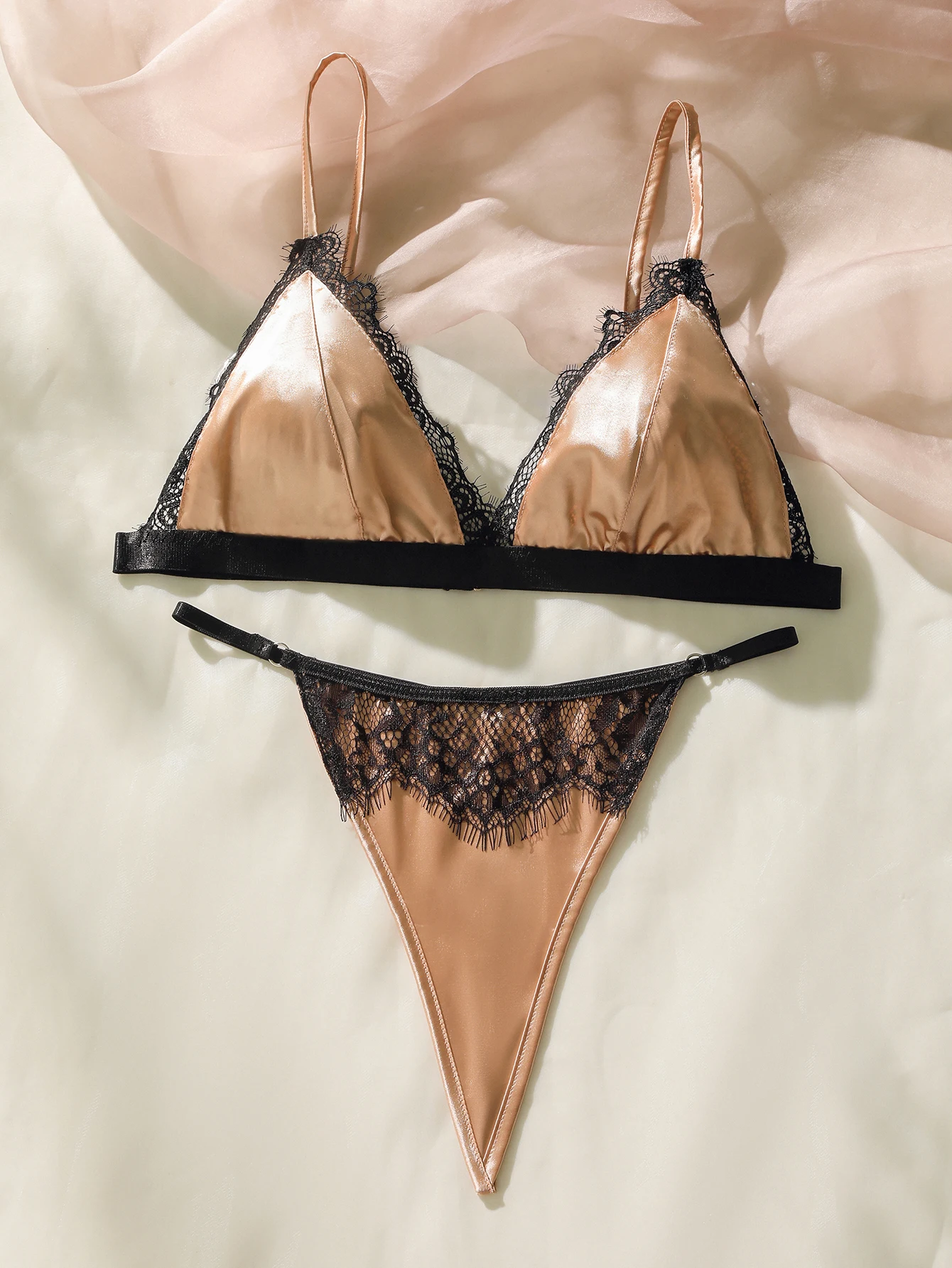 

Satin Lace Lingerie Set for Women, Champagne Bra and Thong with Black Lace Trim for Bridal Date Night