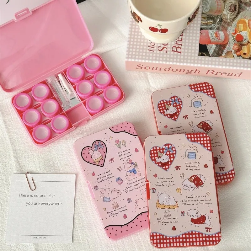 

Sweet Rose Red Pink Color Bunny Colored Contacts Case Cute Cartoon Eye Contacts Organizer Large Capacity Portable Contact Box