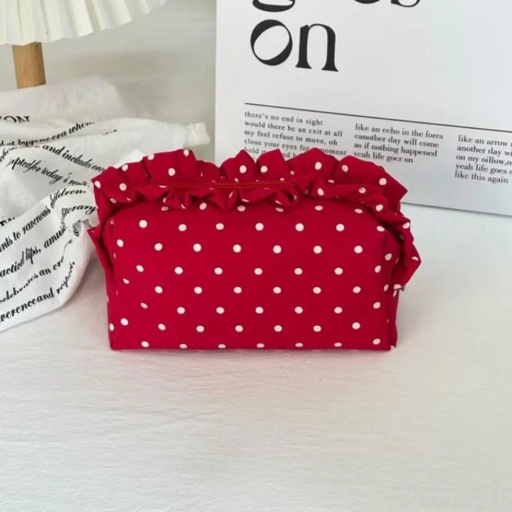 Polka Dot Cosmetic Bag Ruffle Edge Decor Portable Makeup Pouch Multi-use Minimalist Design Skincare Organizer For Students