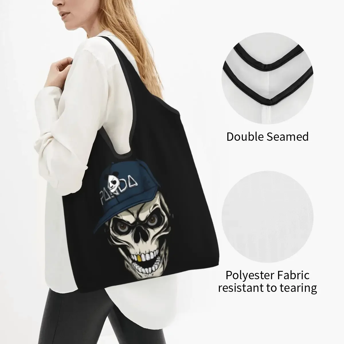 Recycling Panda Skeleton Skull Shopping Bag Women Tote Bag Portable Heavy Metal Grocery Shopper Bags