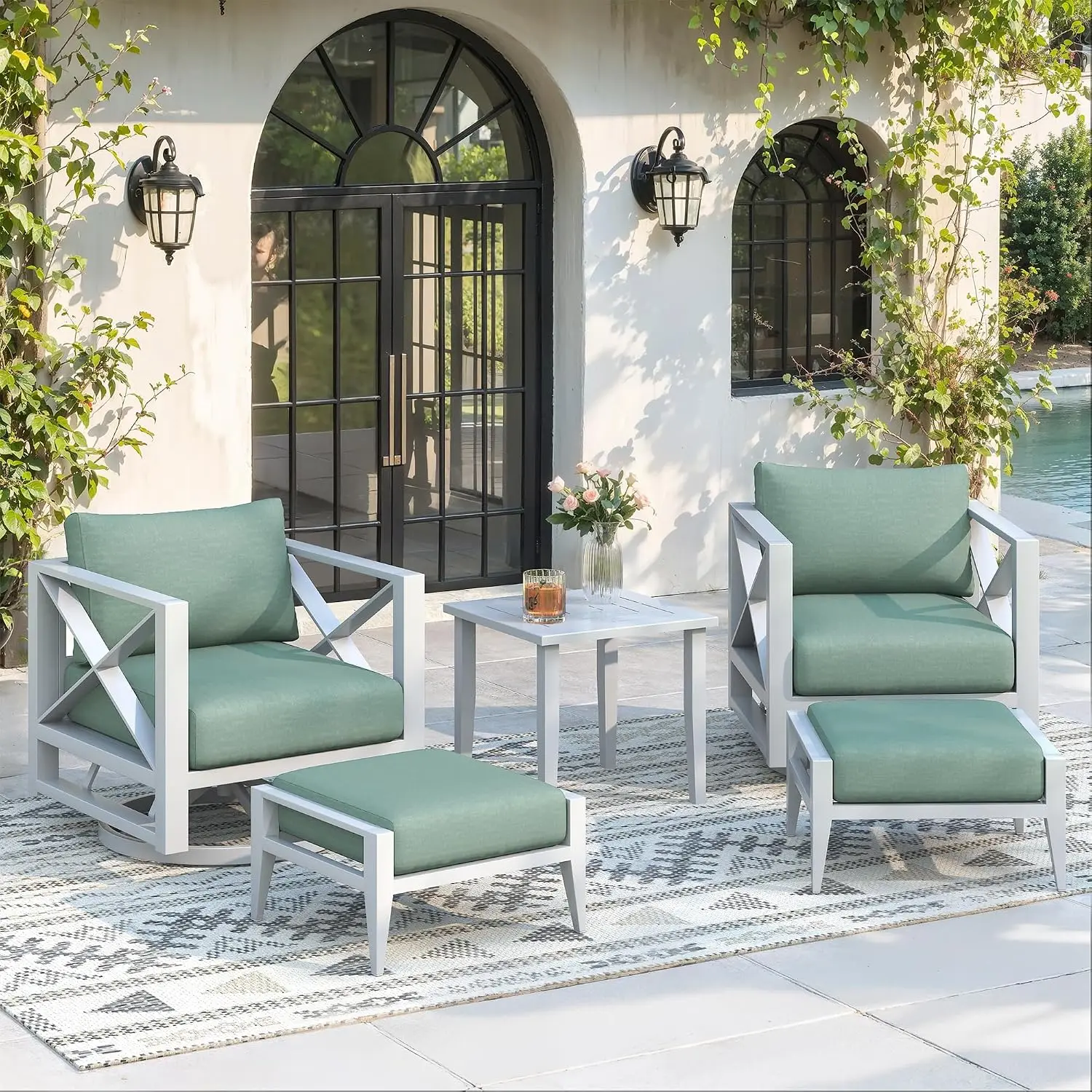 5-Piece Aluminum Outdoor Patio Furniture Set with Swivel Chairs & Ottomans, Customized