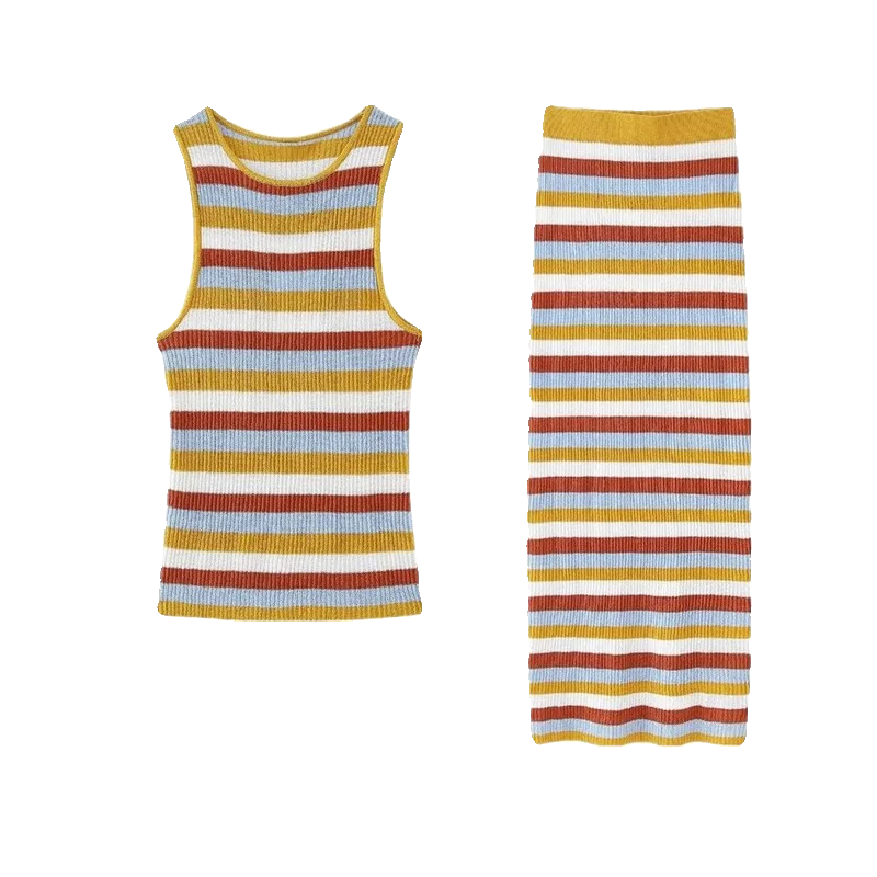 Dulce y moderno ceco tejido a rayas para mujer, Top, media falda, conjunto ajustado con adornos de rets para mujeres de...