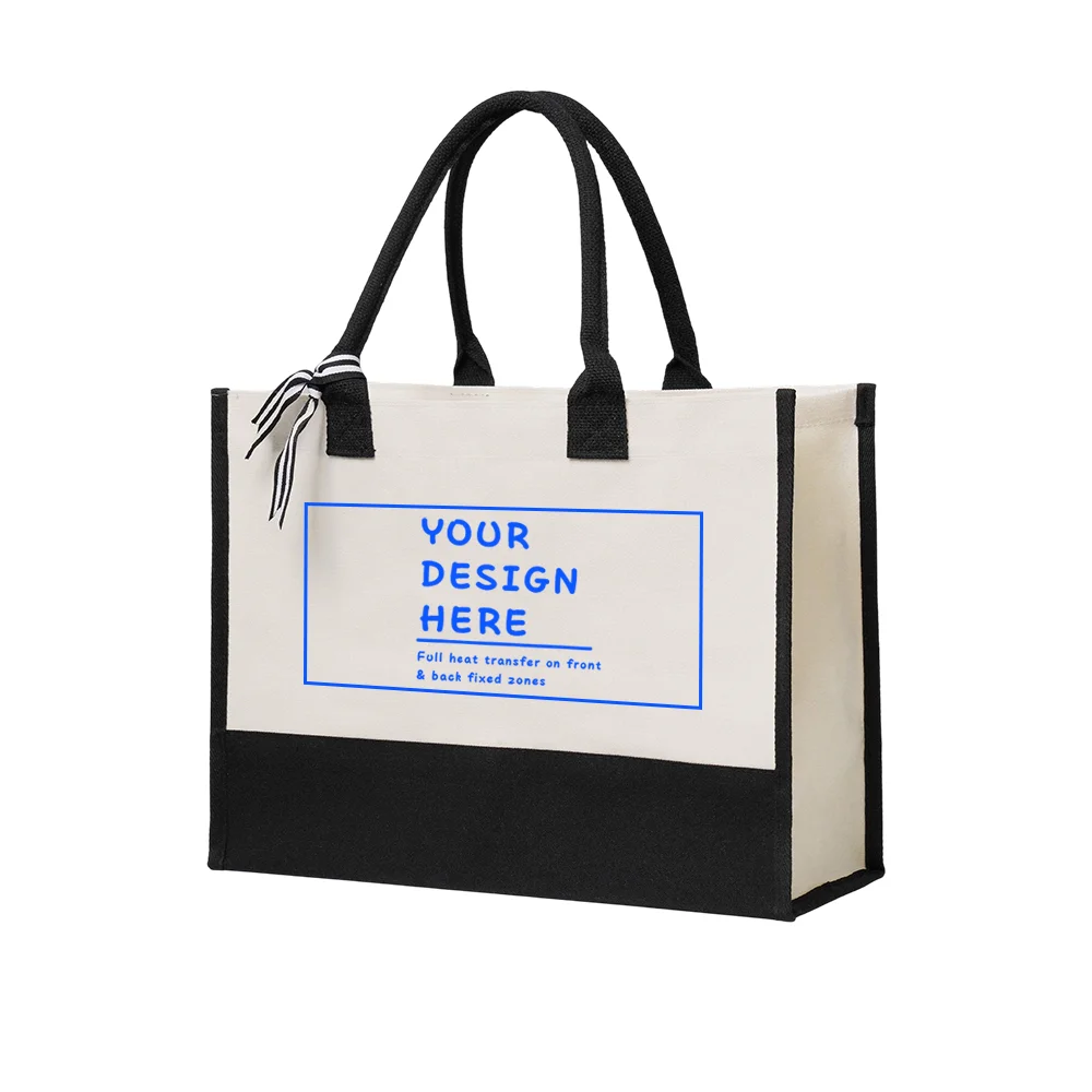 Custom Print Spliced Canvas Gift Tote Bag Personalized Logo Text Pattern Front Back Printed Reusable Shopping Shoulder Handbag