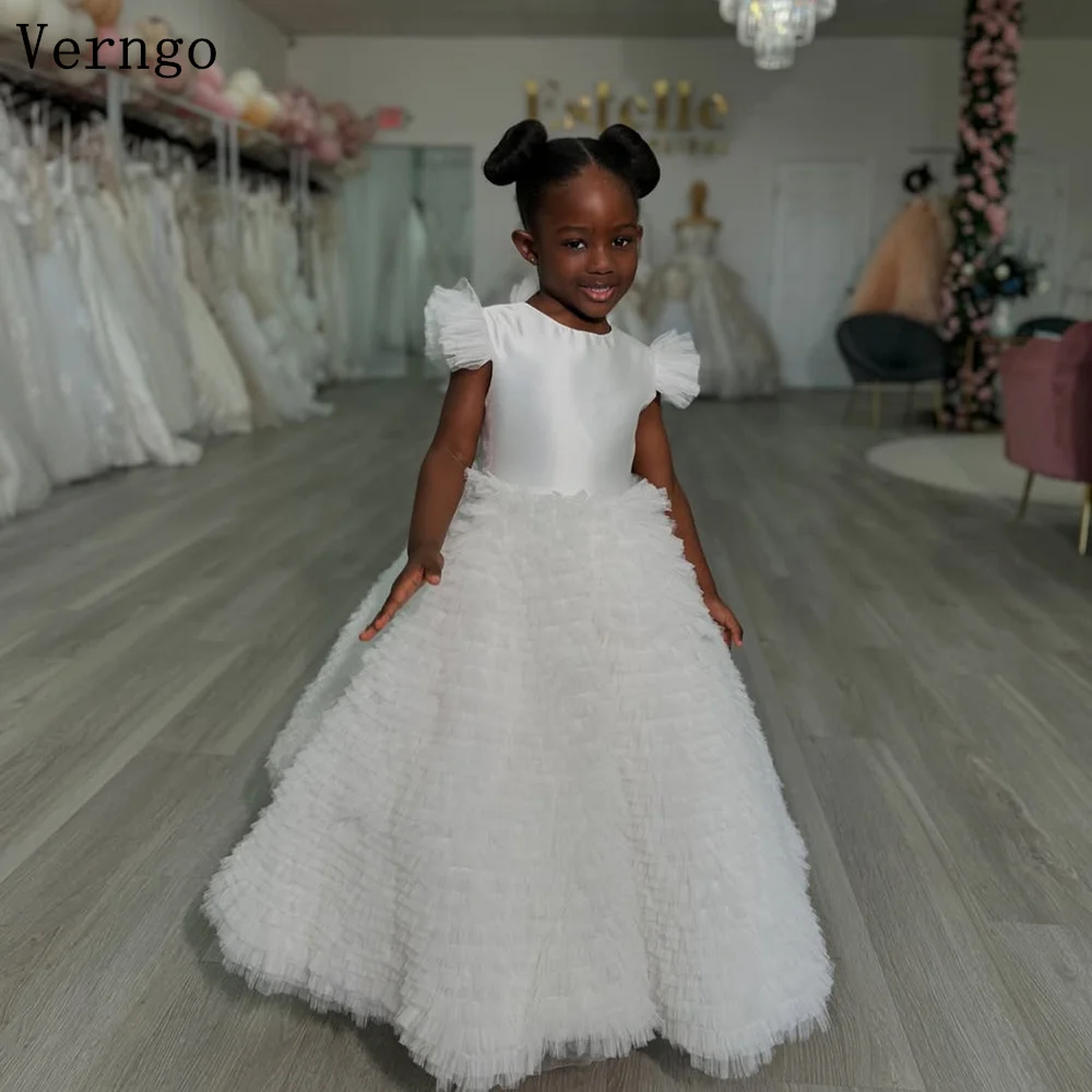 

Verngo lvory Tulle Flower Girl Dress Puff Short Sleeves A Line Tiered Birthday Party Dress Kid Ball Gown Wedding Customized