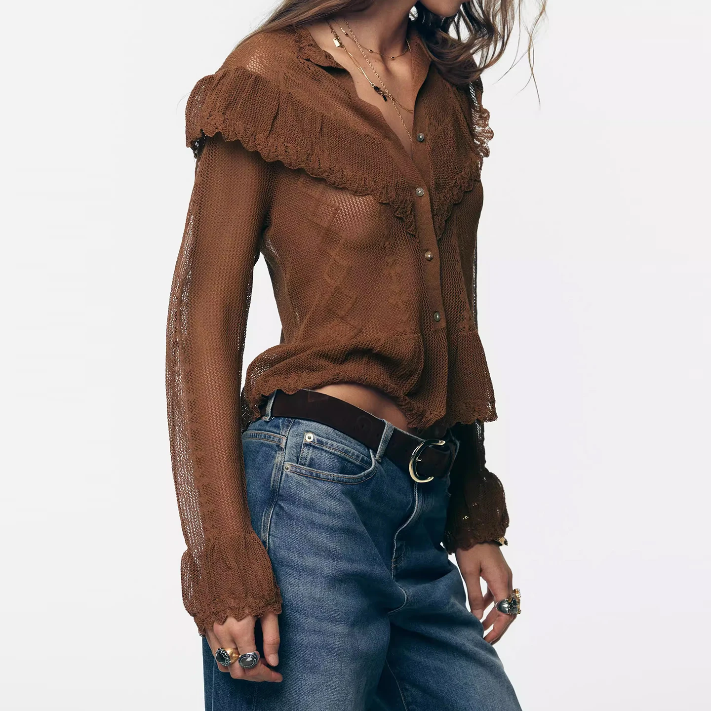 Jaket Rajut Kerah Tinggi Wanita Model Romantis, Potongan Stand Fit, Lengan Panjang, Kancing Depan, Musim Gugur 2025 Terbaru...