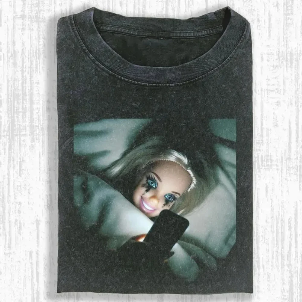 Lustiges T-Shirt mit weinendem Puppen-Print, T-Shirt im Street-Style mit müder Puppe, Ganzjahres-Street-Style-Shirt für Paare, Grafik-T-Shirts