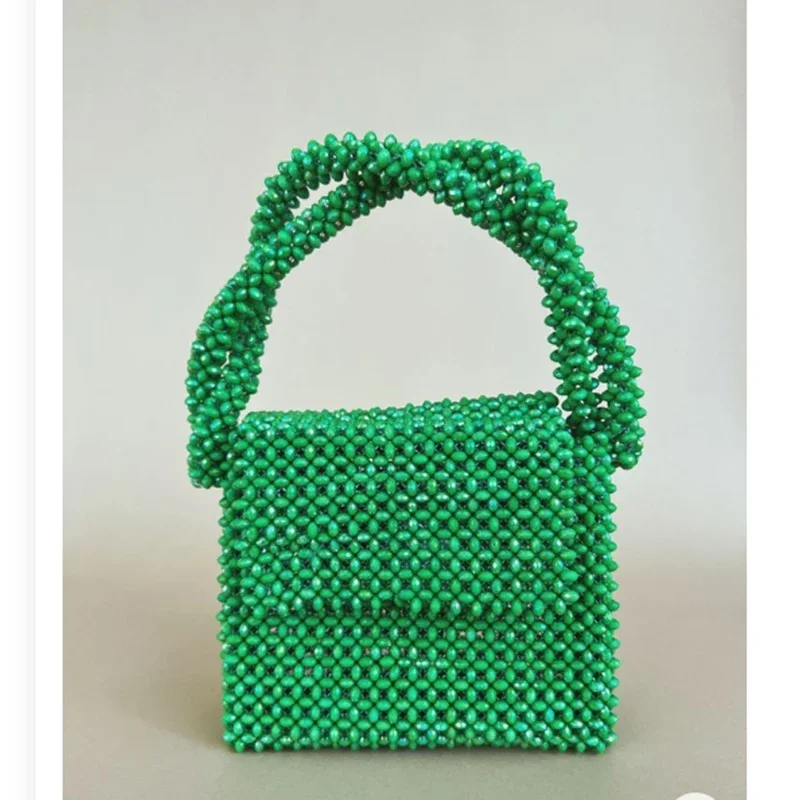 New Customized Fried Dough Twists Handle Handbags for Women Hand Woven Green Acrylic Beaded Clamshell Women's Shoulder Bag