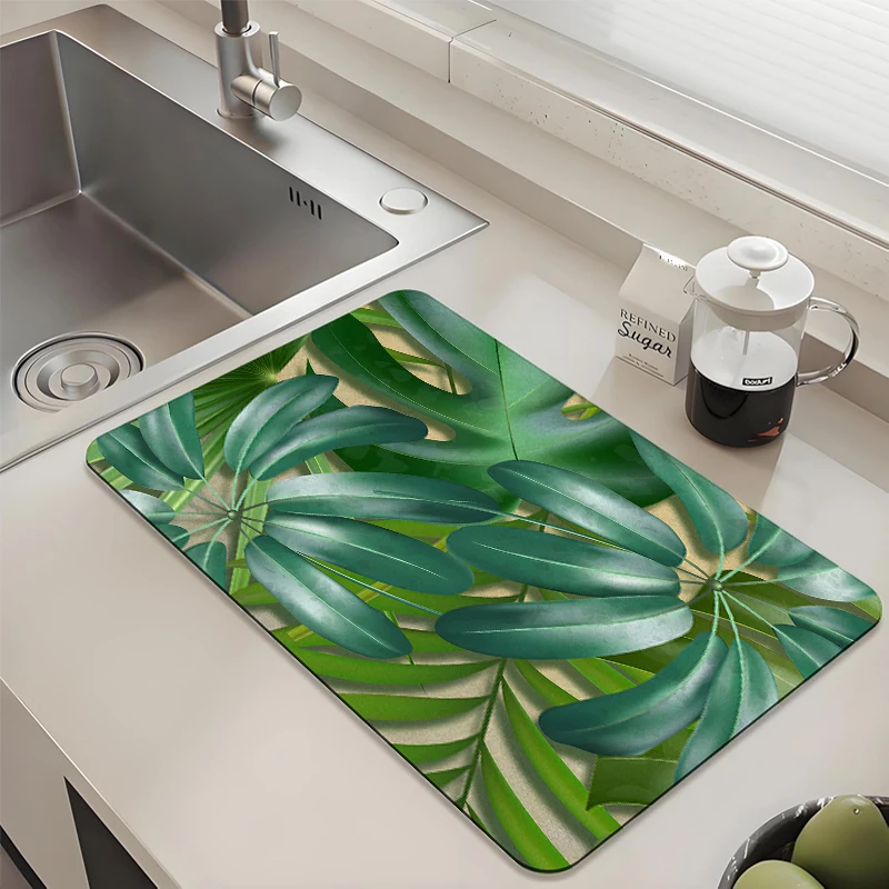 

Tropical Leaf Kitchen Draining Mat - Absorbent Non-Slip Quick Dry Pad for Sink Countertop