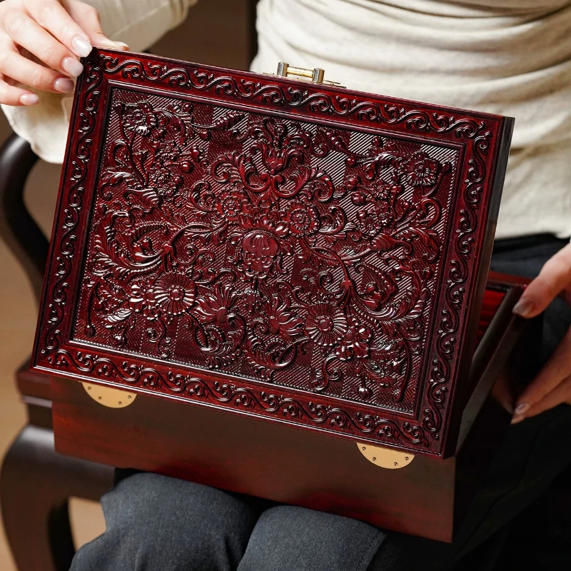 Premium Zambia Rosewood Jewelry Box Solid Wood Vintage Organizer for Necklace Ring Bracelet Earrings