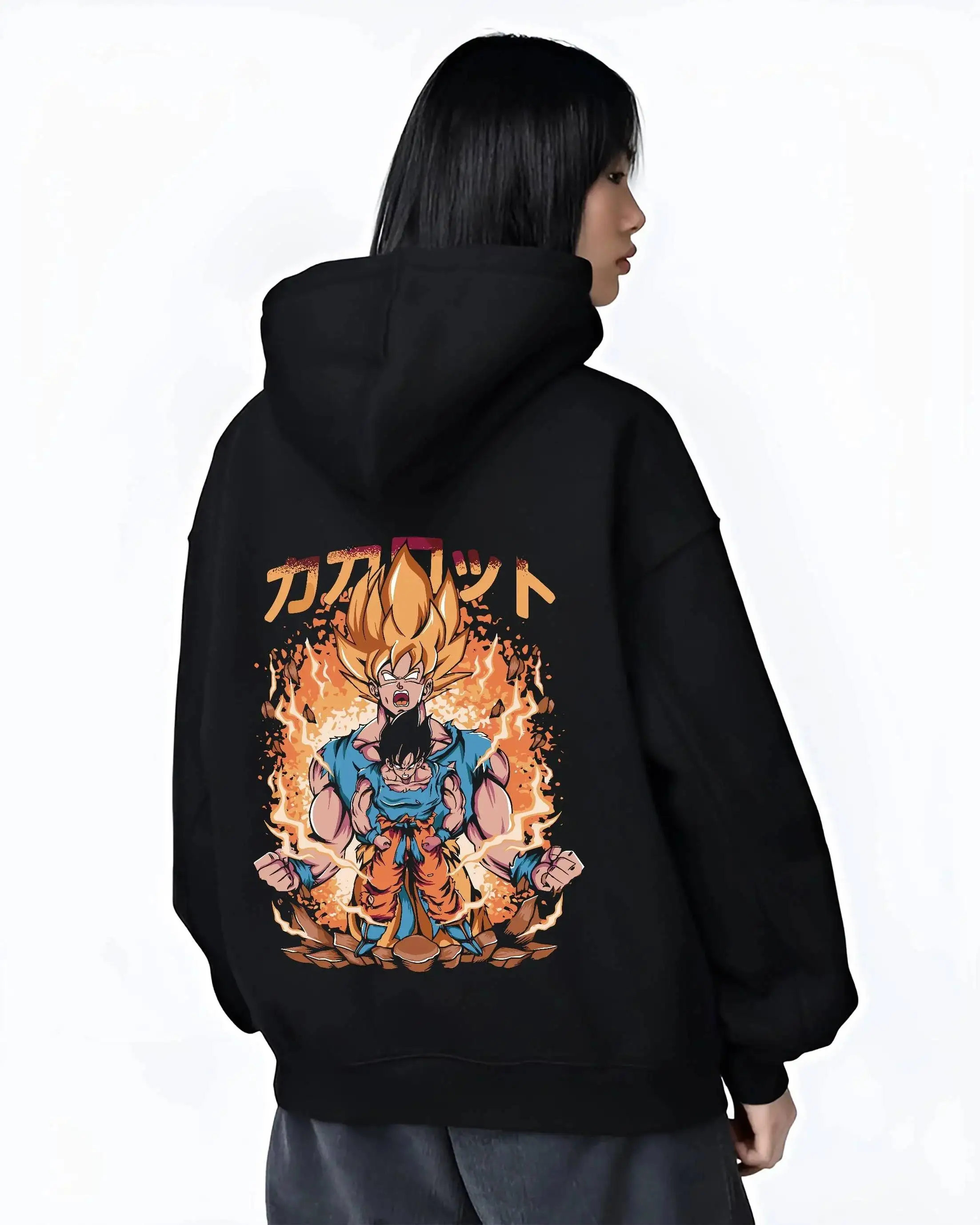 Dragon Ball Anime Goku Vegeta Sudadera con capucha negra Super Saiyan Battle Print Diseño de texto japonés Sudadera estilo Manga con llama