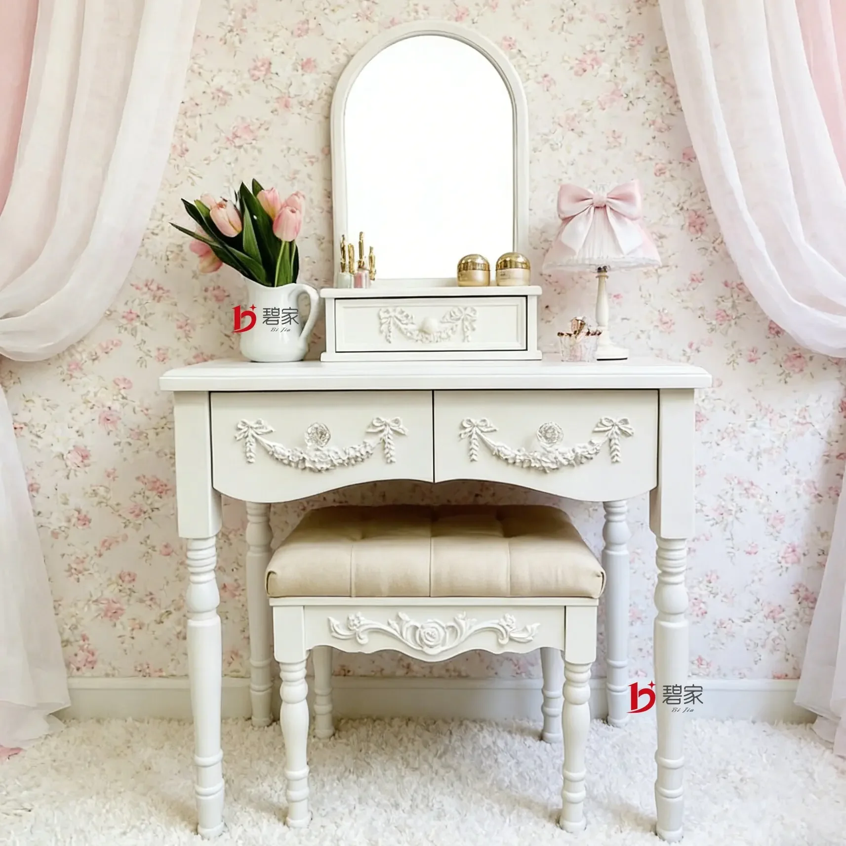 

YFrench vintage solid wood dresser small apartment pink princess style desk