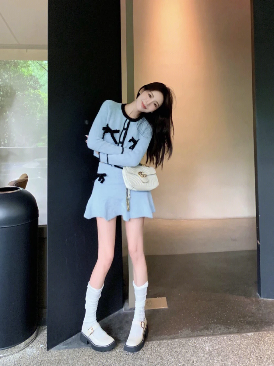 

Синий винтажный милый вязаный свитер, комплект женского осенне-зимнего ветрового пальто Faion Thousand Gold Jaet Thiened Warmth