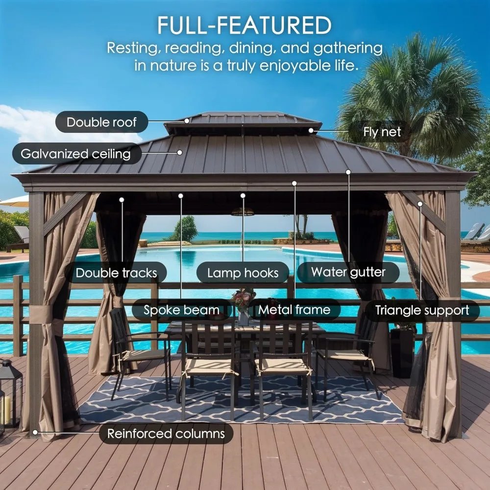 12' X 20' Hardtop Gazebo, Aluminum Metal Gazebos with Galvanized Steel Double Roof Canopy, Curtain and Netting, Gazebo