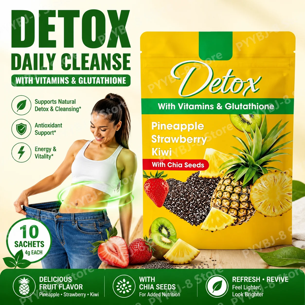 Detox Pineapple Chia Seeds Powder Sachets with Strawberry and Kiwi, Vitamins & Glutathione, Gentle Gut Cleanse, 10 Sachets
