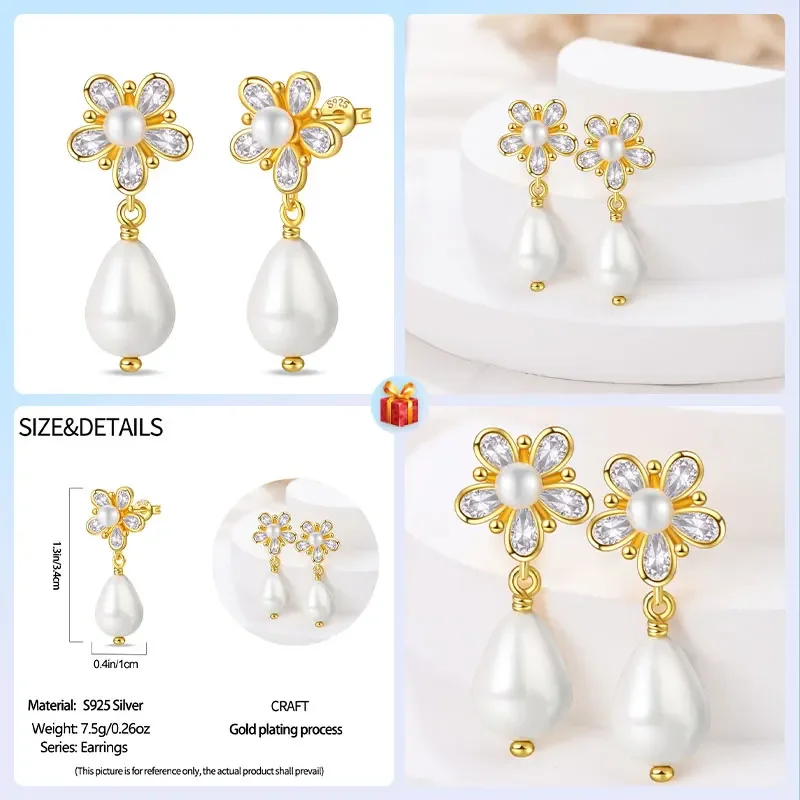 Travel Hobbies 925 Sterling Silver Golden Flower Pearl Stud Earrings Women's  Jewelry For Everyday Wear Couple Style