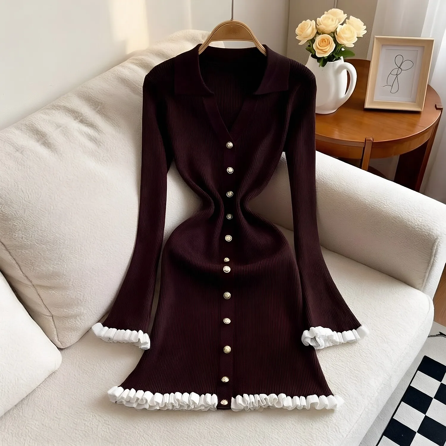 YuooMuoo Schickes Modisches Sexy Figurbetontes Strick-Minikleid 2026 Herbst Winter Vintage Gerüschtes Hemdkleid Damen Party Vestidos – Detail 14