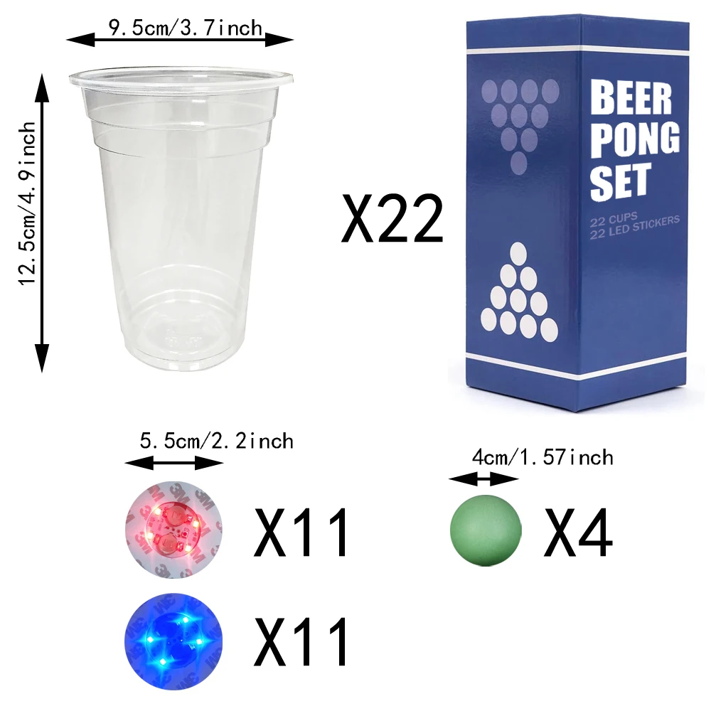 The Dark Beer Pong Set,Beer Pong Party Cup Set, LED Beer Pong Cups and Glow-in-The-Dark Balls,16 oz,22 Set