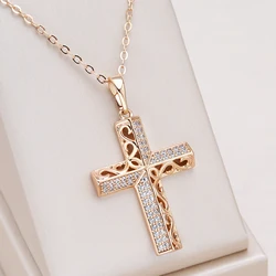 Kinel Exquisite Cross Necklaces 585 Rose Gold Micro Wax Inlay Natural Zircon Hollow Flower Necklaces For Women Vintage Jewelry