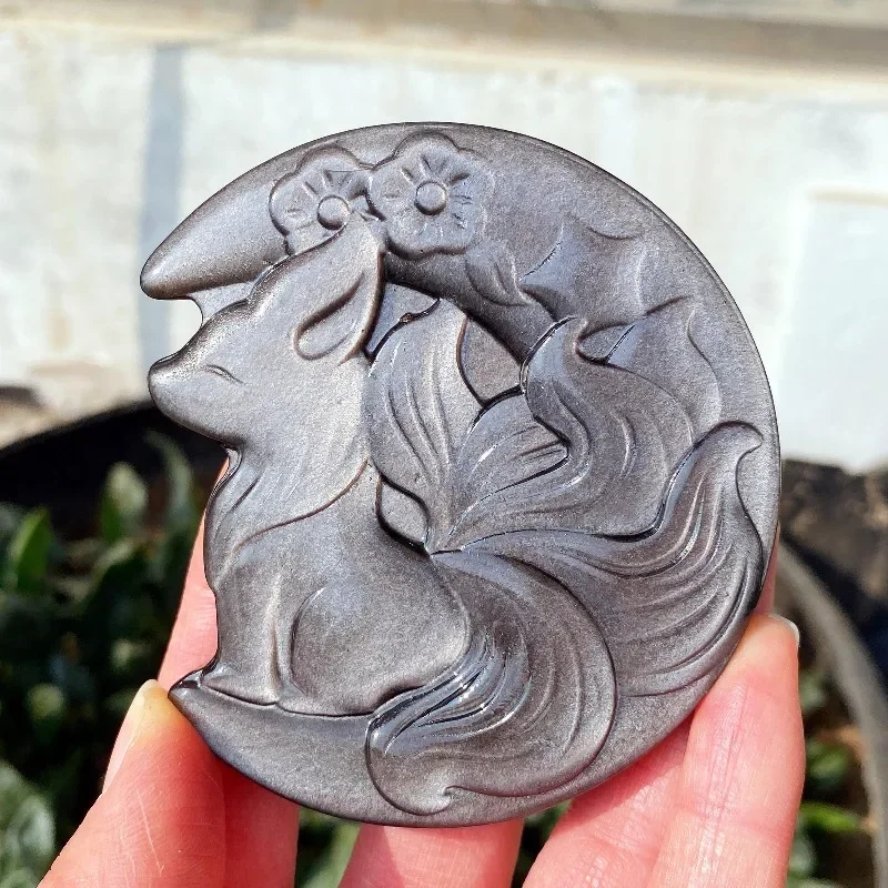 Natural Silver /golden Obsidian Fox,Crystal Moon Fox , Hand Carved Sculpture，Quartz healing