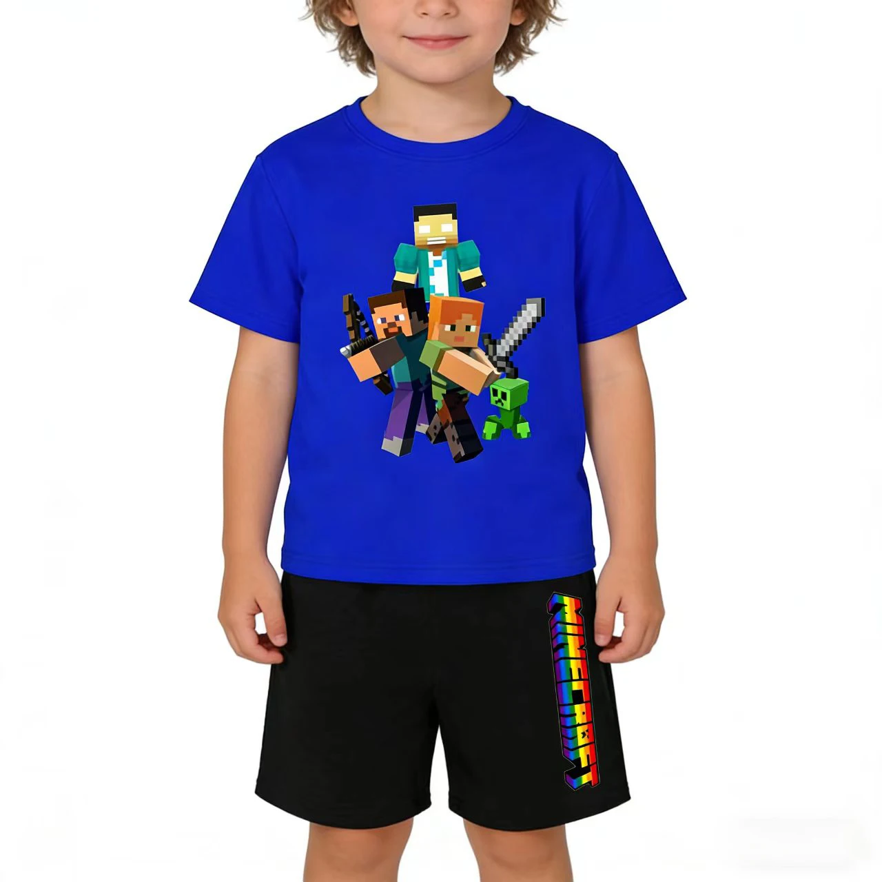 

Kids Summer T-shirt Charming Cartoon Wood Game Print Top+Shorts Boy Girl 3-12 Years Casual Sports Cute Running Sunshiny Coat Set