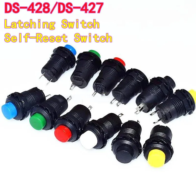 10pcs DS-428/DS-427 Round Push Button, 425A Latching Switch 12mm Non-Locking (Unlocked) Self-Reset Push Button Switch