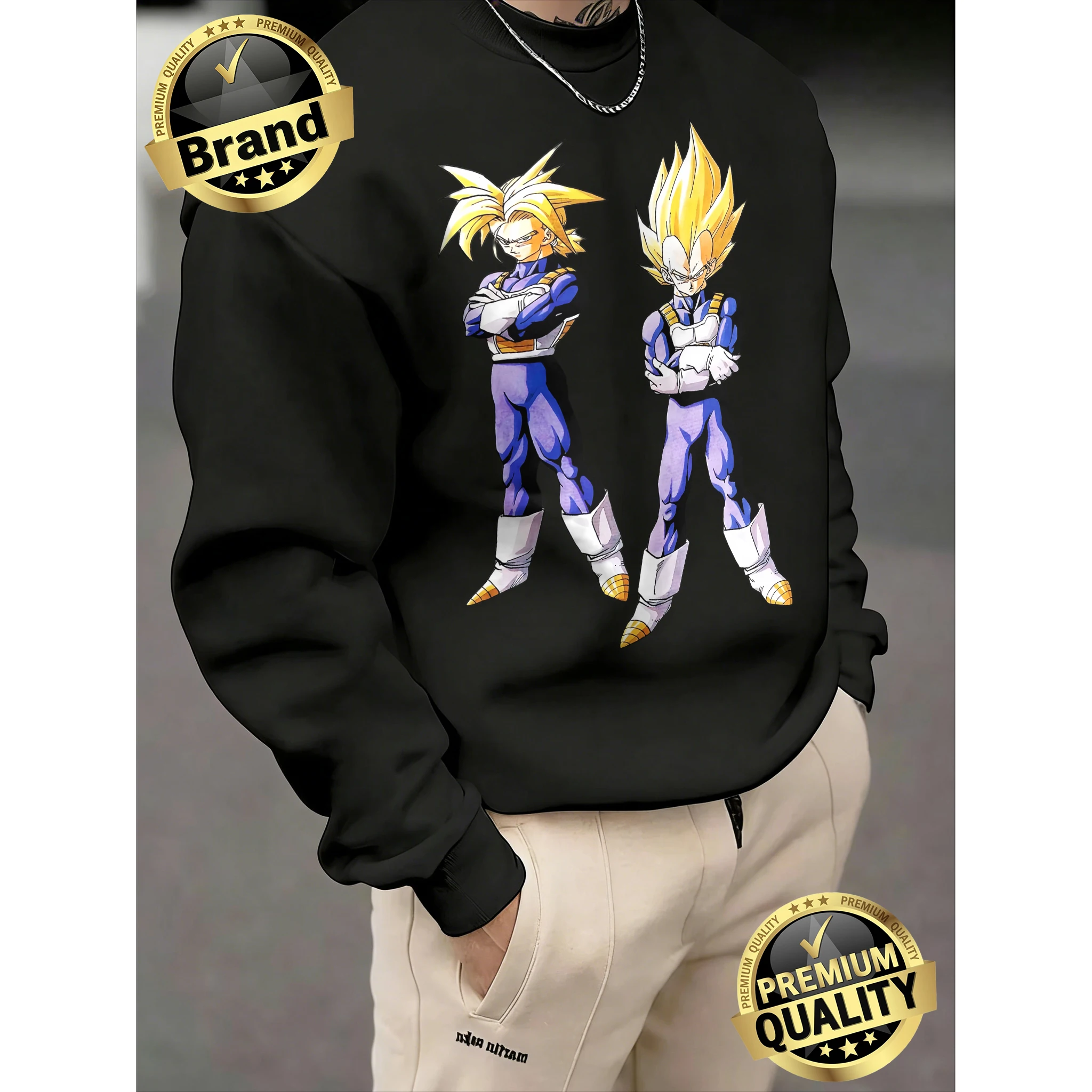 Sudadera de Cuello Redondo 100% Algodón con Estampado de Dragon Ball Trunks y Vegeta Super Saiyan, Primavera-Otoño 2026, Talla Grande Unisex para Hombre