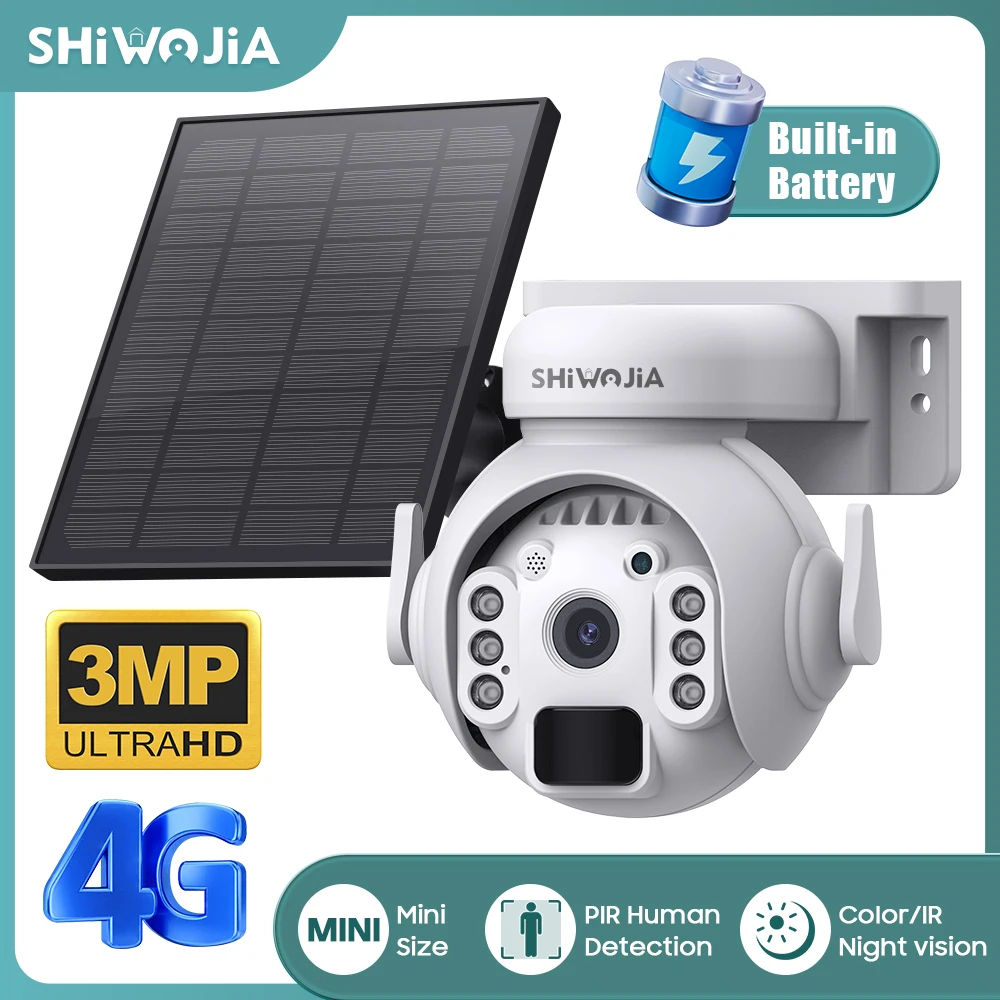 

SHIWOJIA Solar Camera 4G Outdoor 3MP HD Night Vision Surveillance 2-Way Audio AI Human Detect Wireless WIFI Battery Camera