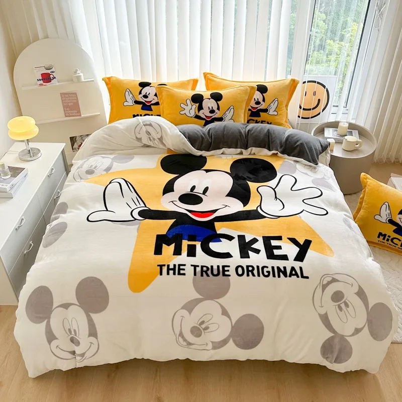 4pcs Disney Milk Velvet Bedding Set Mickey Lotso Stitch Winter Flannel King Queen Duvet Cover Bed Sheet Pillowcase Home Textile