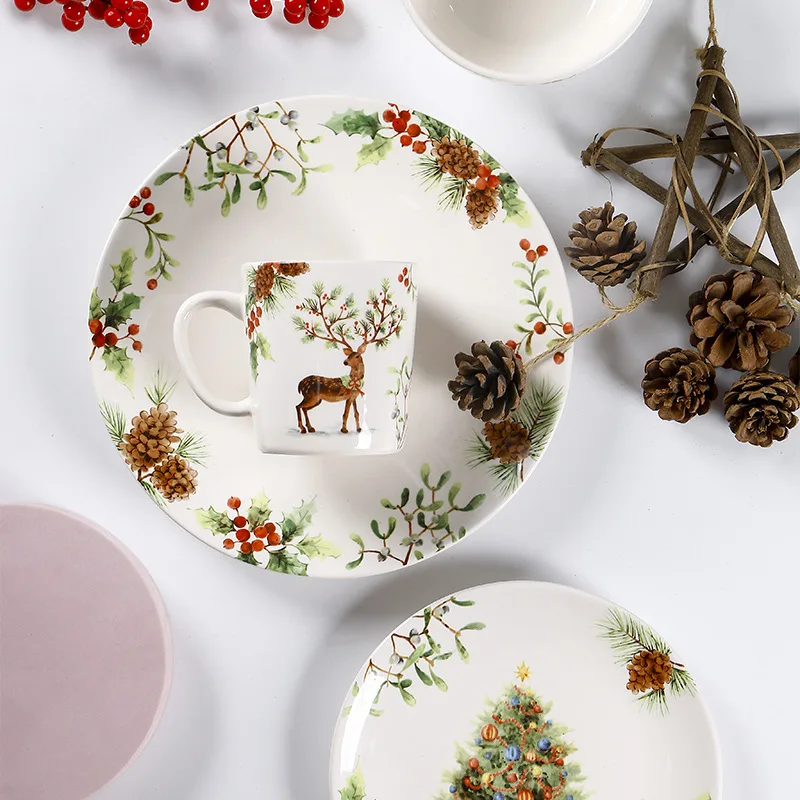European Style Christmas Dinner Plate Creative Ceramic Beef Pasta Plate Household Underglaze Color Dish and Bowl Set Gift