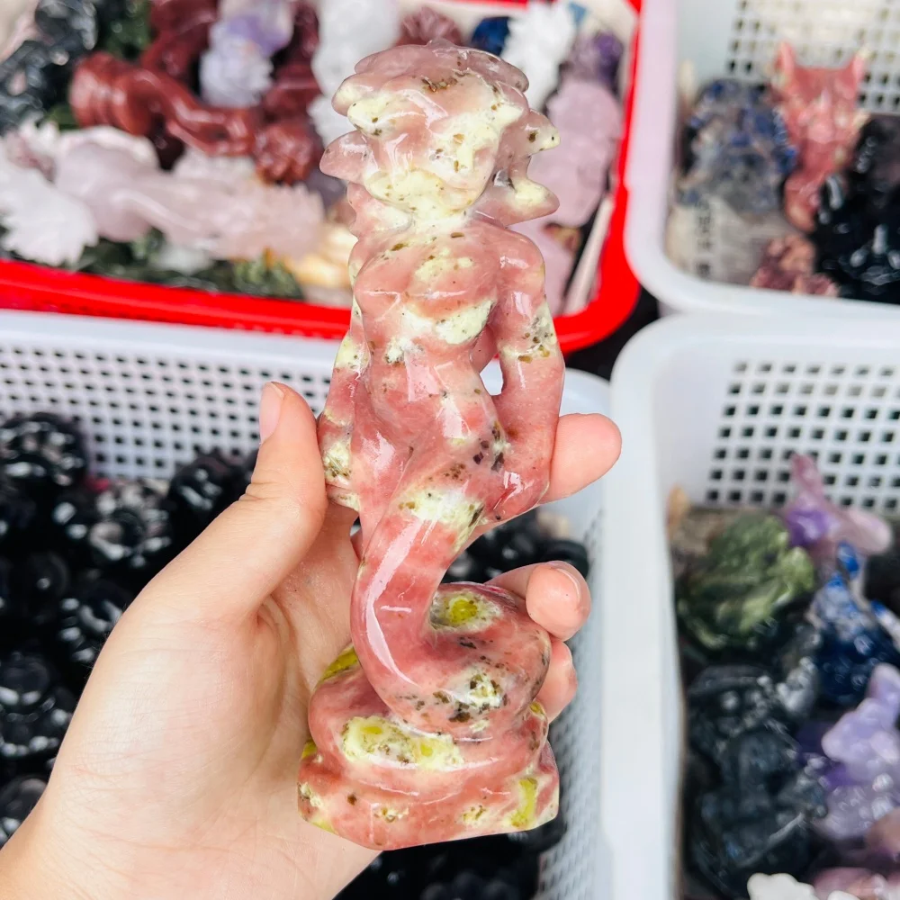 Natural Crystal Hand Peach Blossom Tourmaline Medusa Head Sculpture Healing Crafts For Decoration Gift