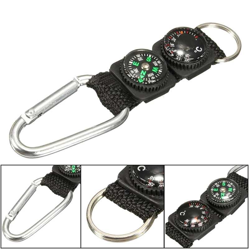 Universal Multifunction 3 In 1 Camping Climbing Hiking Mini Carabiner Keychain Compass Thermometer Hanger Key Ring