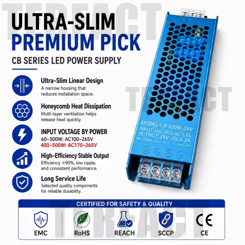 LED Power Supply 12V 24V CB Series Ultra Slim AC100-265V Constant Voltage Switching Driver 60W-500W for LED Strip Light Box