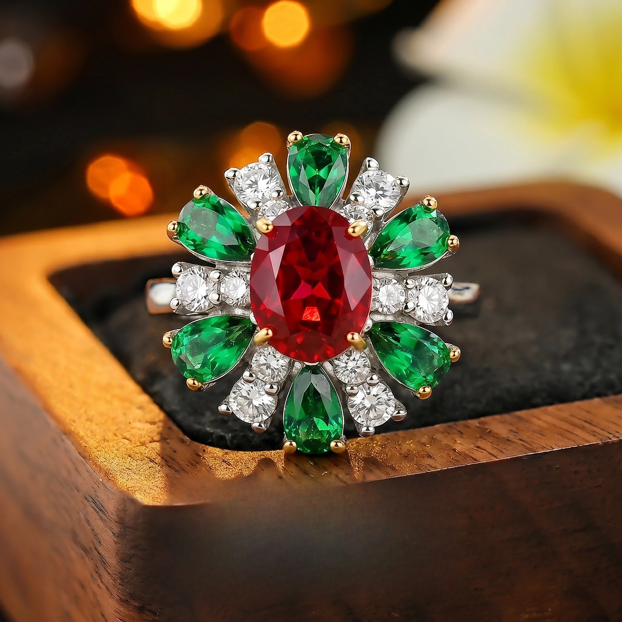 Серебряное кольцо S925 в винтажном стиле, массивное, с подсолнухом, красно-зелеными камнями, для торжественных мероприятий, для женщин