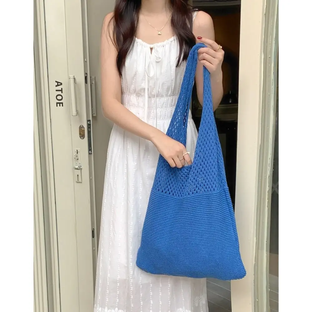 

Мягкая однотонная вязаная сумка через плечо, вместительная ажурная сумка-тоут в богемном стиле, универсальная повседневная плетеная женская сумка