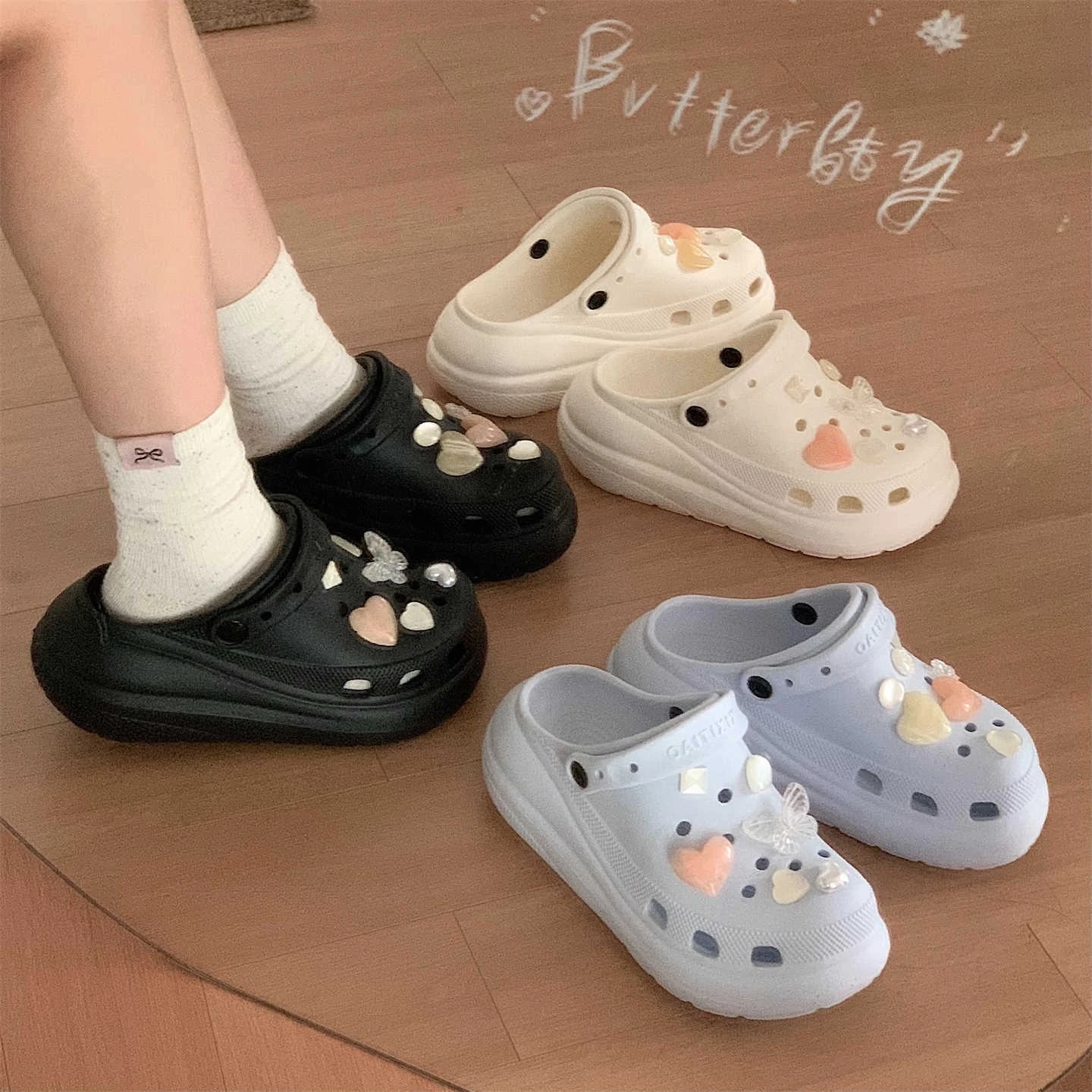 Summer Cute Heart-shaped Star Pendant Women's Slippers EVA Material Thick Soled Sandals Fashionable Casual Garden Shoes