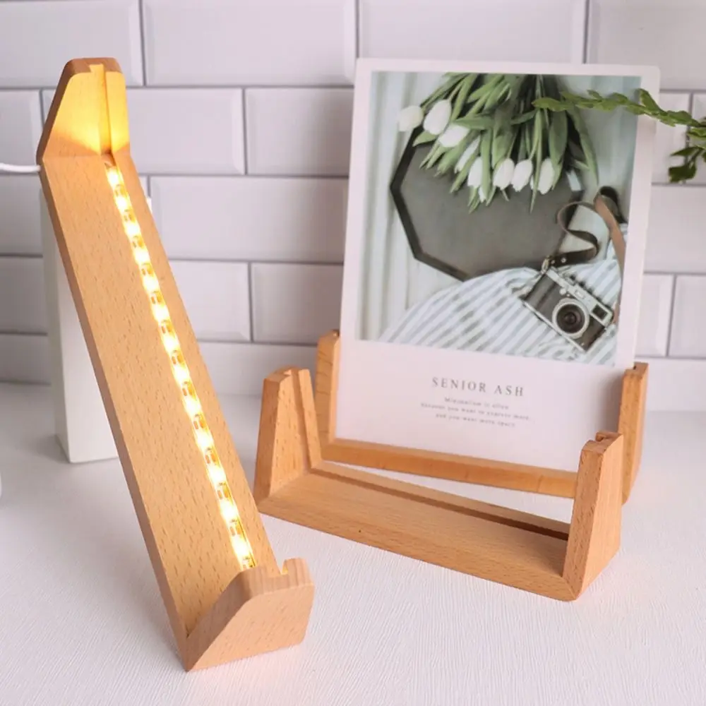 Warm Light Wooden Lighted Base Non-slip USB Plug in LED Lighted Stand U-Shape Design Multi-functional Lighted Picture Frame
