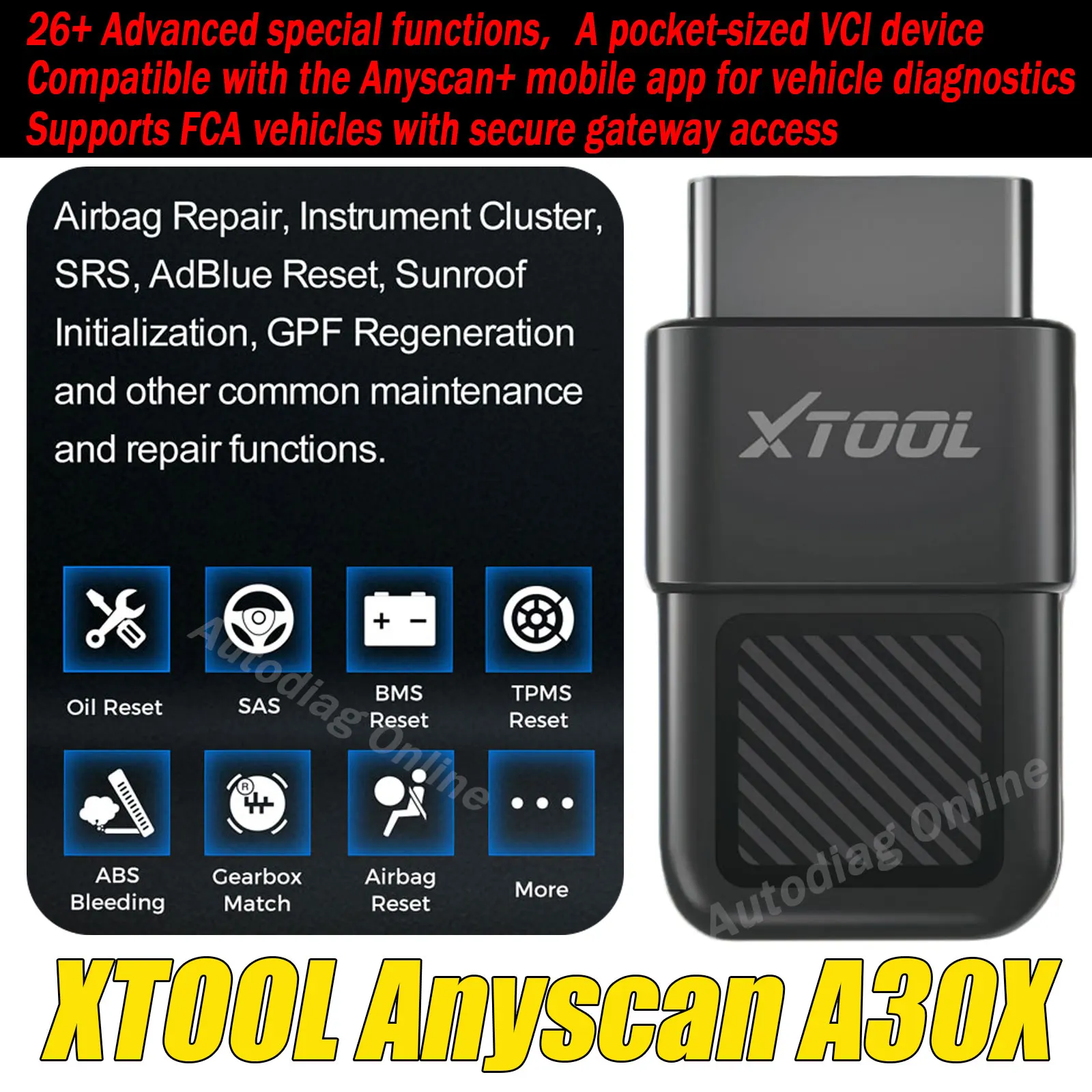

XTOOL Anyscan A30X Bluetooth OBD2 Scanner Car Diagnostic Tool 26+ Reset Service Code Reader Diagnostic For FCA vehicles with SGW