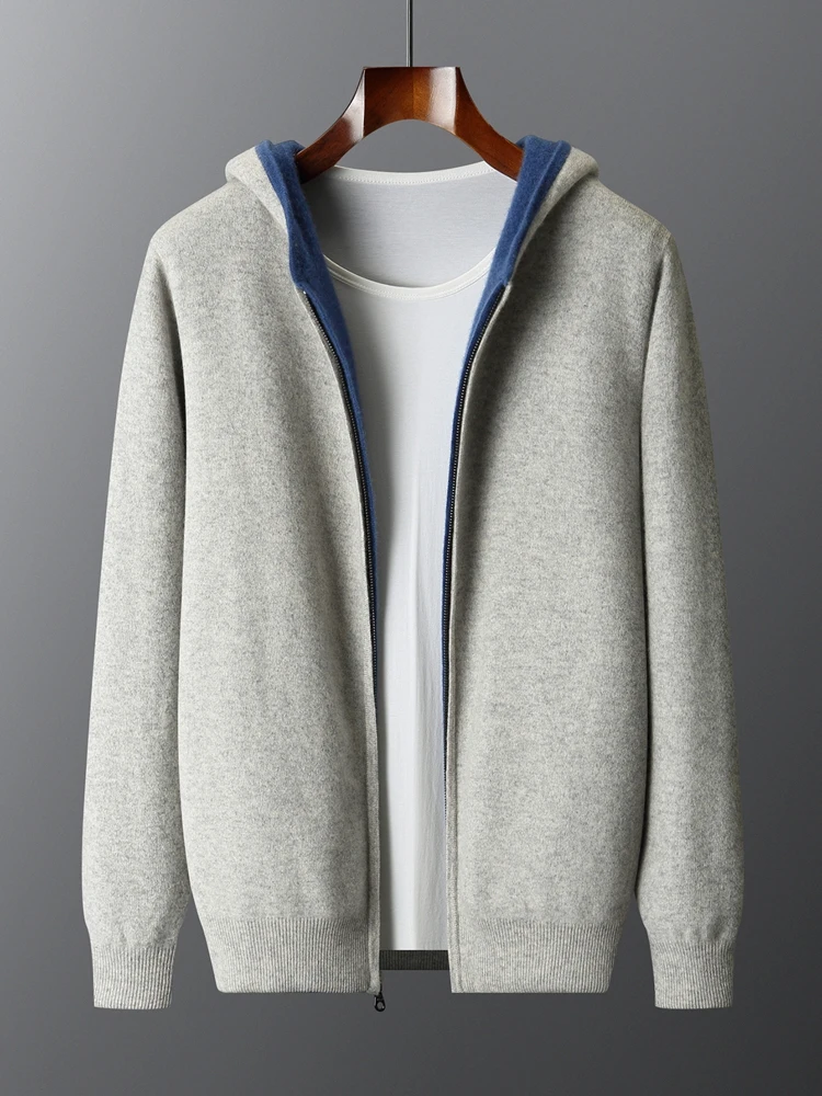 

TLOML Men's 100% Merino Wool Knitwear Thick Hooded Zipper Double Sided Cardigan Autumn Winter Soft Casual Cashmere sweater Coat