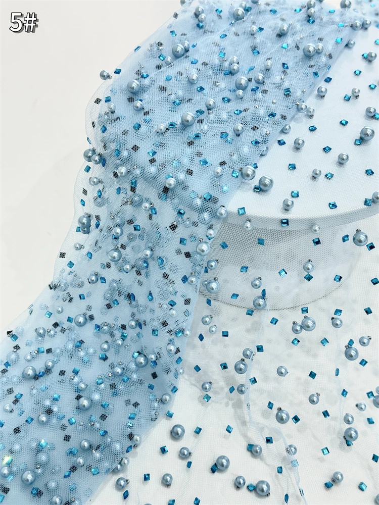 Tessuto di pizzo con perline pesanti per abito da sera, ricamo di pietre fatte a mano, cristallo da sposa, tessuto di pizzo francese di lusso, 2025