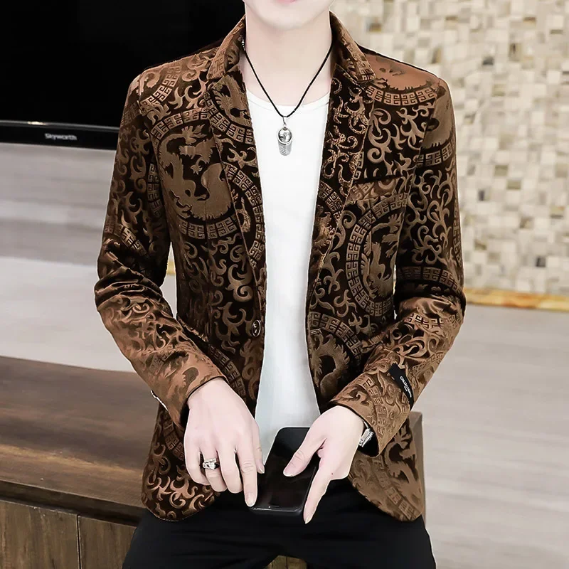 

HOO 2024 Men's Gold Velvet New Casual Slim Handsome Printed blazer
