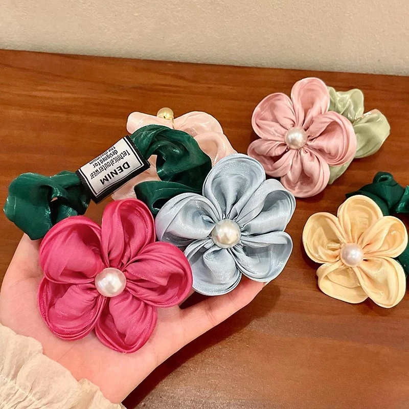 

1pc Elegant Pearl Flower Elastic Hair Rope Organza Stretch Scrunchies for Women Girls Hair Accessories Headwear Ponytail Holder