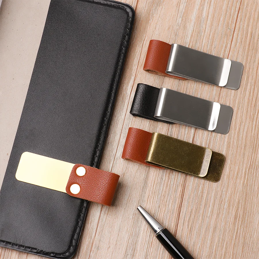 Suporte de caneta de couro feito à mão, clipe de latão e aço inoxidável para diário, caderno, pasta de papel, uso diário em casa e no escritório.
