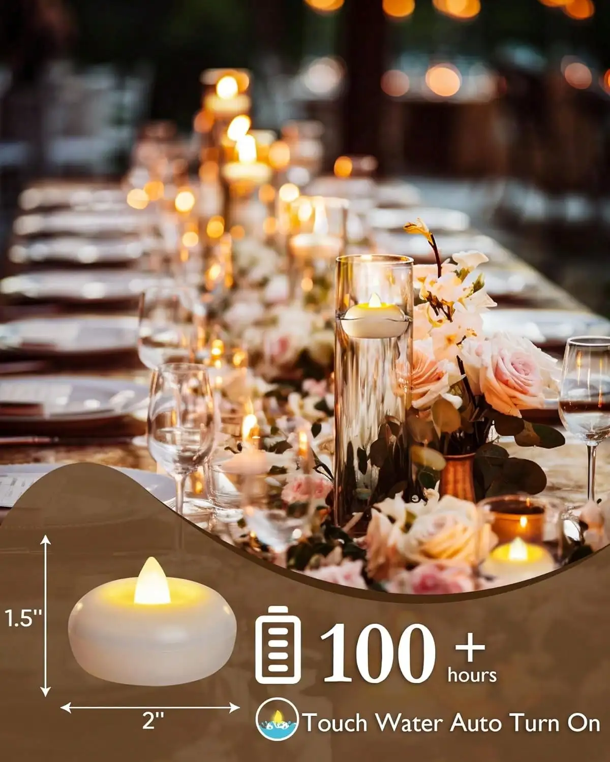 48packs 2 Flameless LED Floating Candles 200 Hour Waterproof Flickering Tealights for Wedding Party Pool