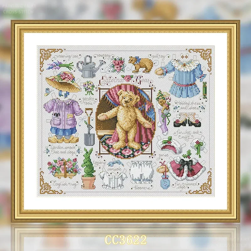 No metal accessories [CC3622-Teddy Bear Wardrobe] | 11CT 14CT 16CT DIY Cross Stitch Kit, Pattern Printed Canvas Embroidery Needl