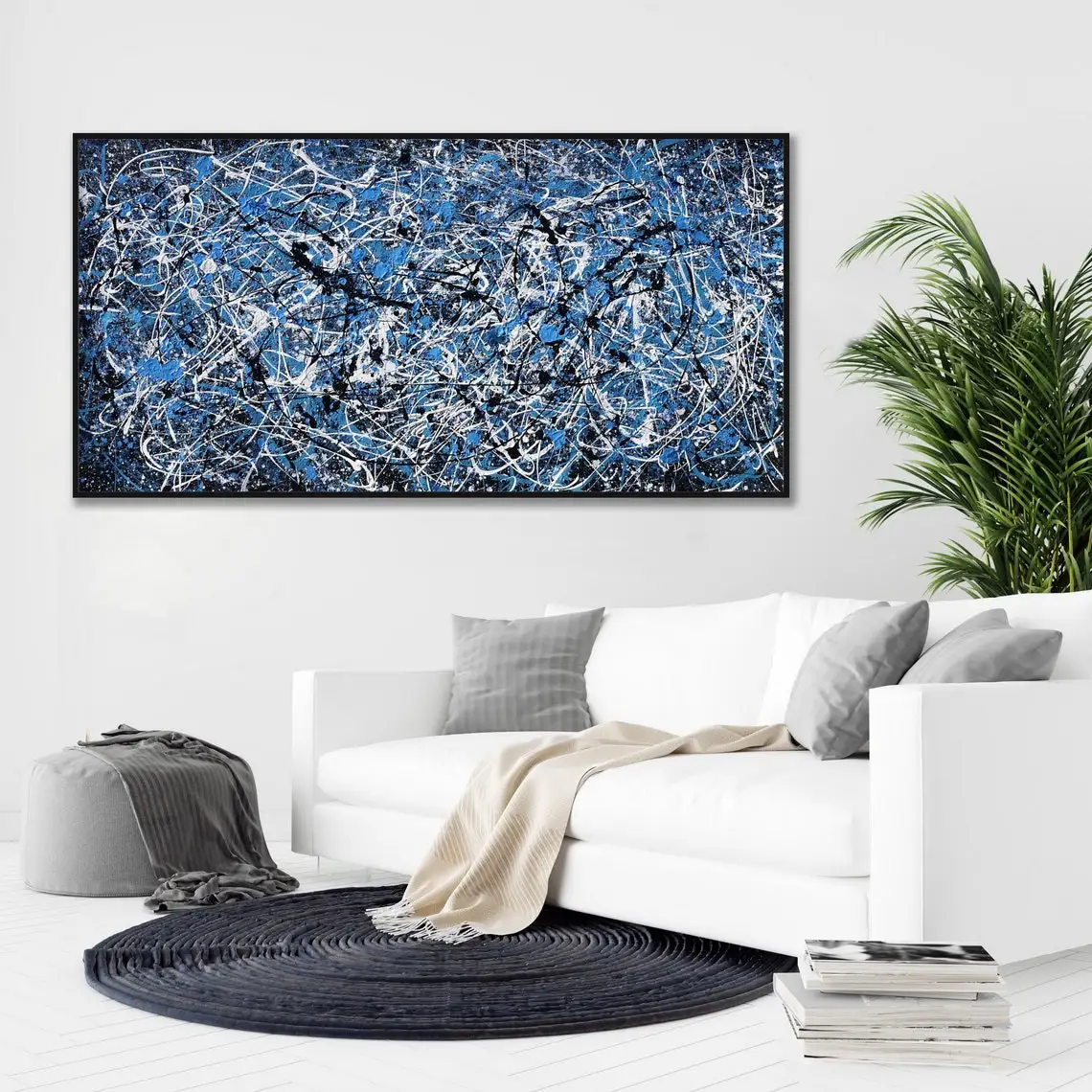 Blue and Black Abstract Painting Jackson Pollock Style Drip Painting Original Abstract Painting Modern Canvas Art Wall Art Decor