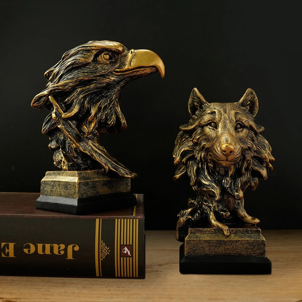 Vintage Bronze Animal Head Sculpture Resin Lion Wolf Elephant Eagle Leopard Statue Unique Home Office Desk Decor Ornament Gift
