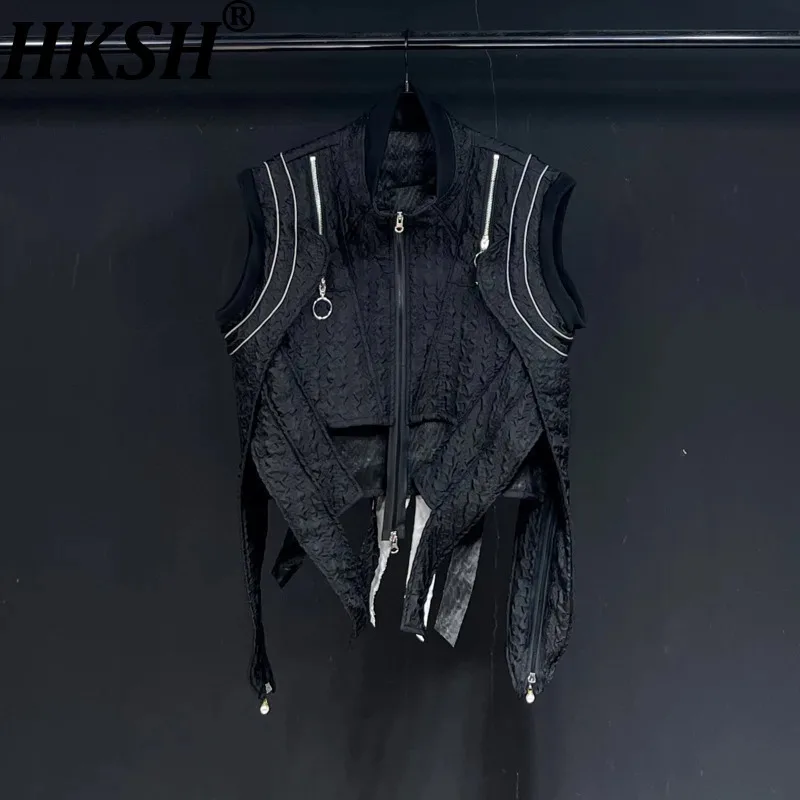 

HKSH Spring Summer New Men Fashion Irregular Zippers Dark Pleated Texture Waistcoat Trendy Stand Collar Punk Ribbon Vest HK16693
