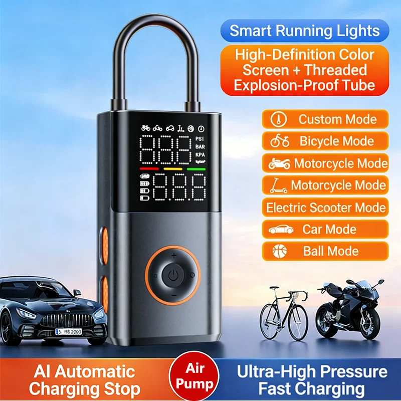 Car Motorcycle Bicycle Air Pump 150 Psi Inflator Color Display LED Light Portable Tyre Ball Inflator Electric Air Compressor